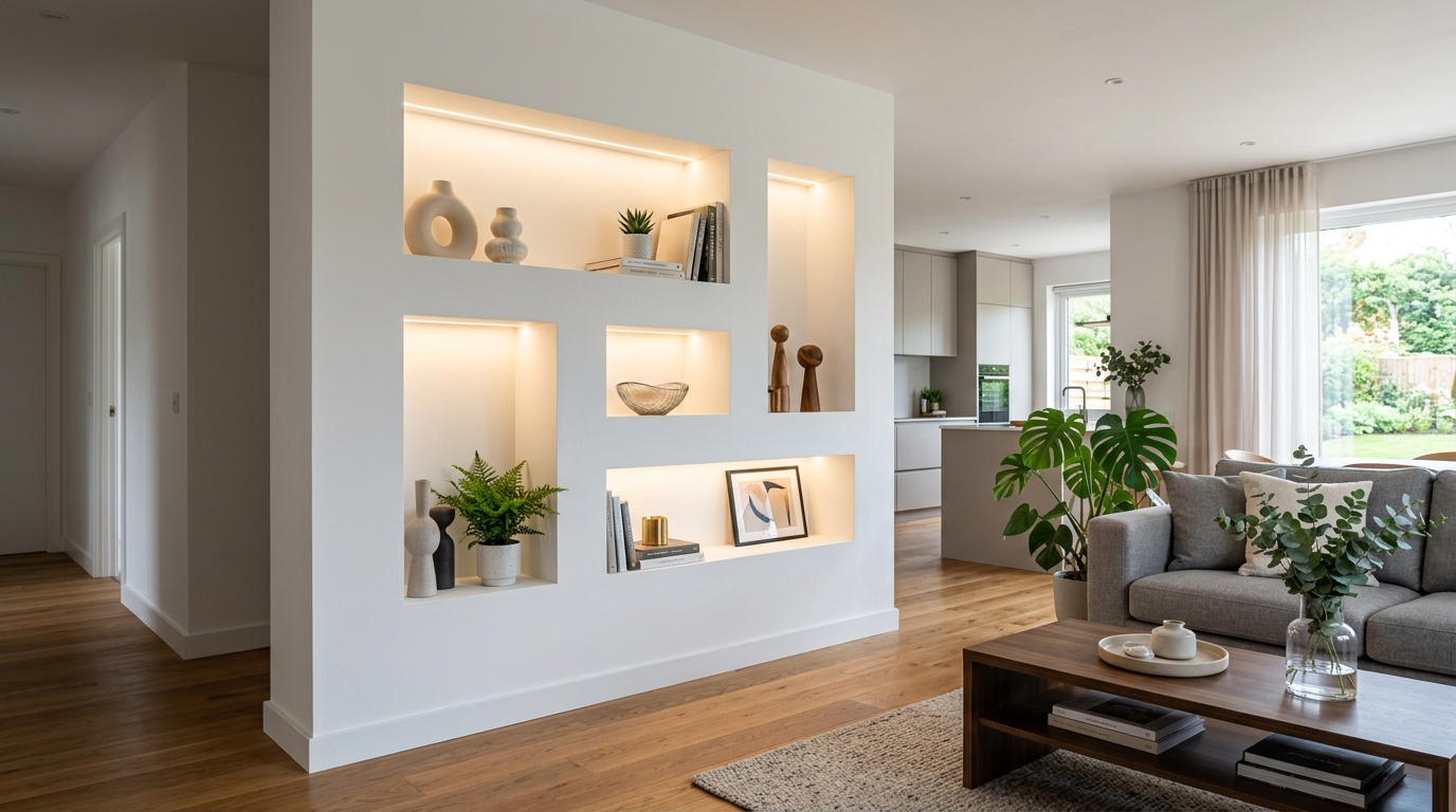 Перегородка из гипсокартона с декоративными нишами и подсветкой