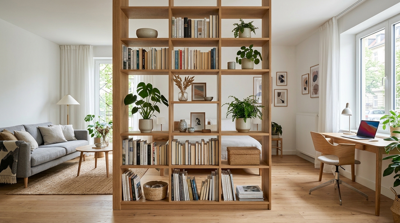 Стеллаж-перегородка из дерева разделяет гостиную и рабочее место