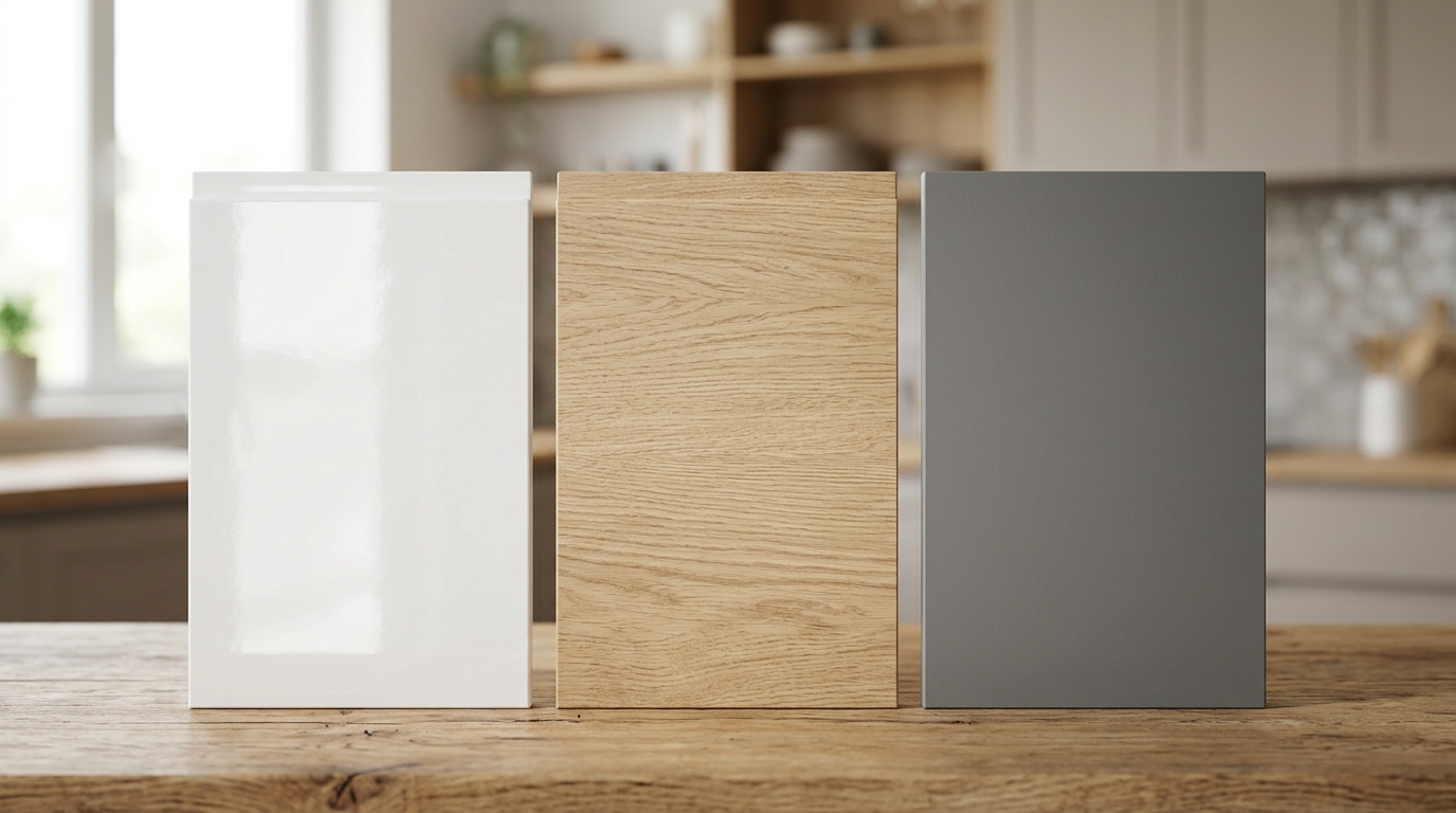 Три образца фасадов: глянцевый белый, натуральный дуб и матовый серый