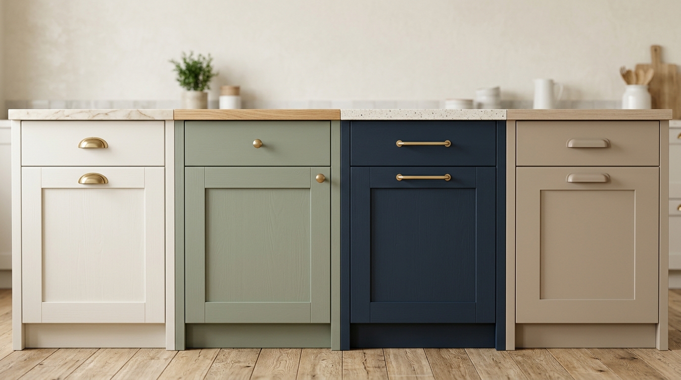 Четыре варианта цвета кухонных фасадов: тёплый белый, шалфейный зелёный, тёмно-синий и тёплый бежевый
