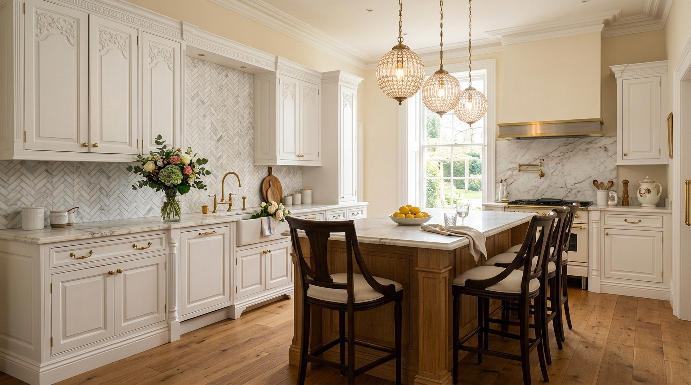 Классическая кухня с белыми резными фасадами, мраморной столешницей и хрустальными подвесами