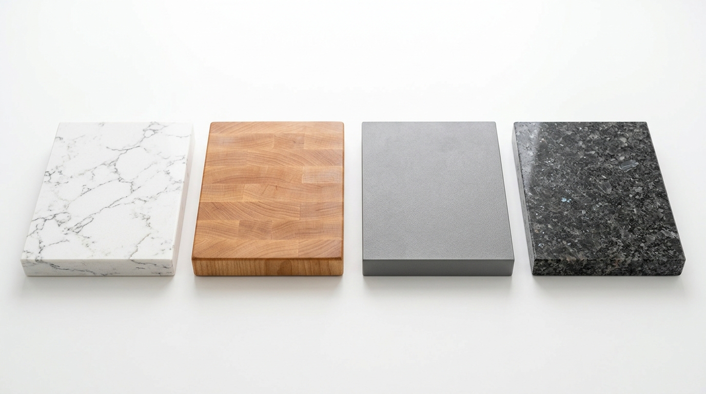 Четыре образца материалов для столешниц: кварц, дерево, HPL-ламинат и гранит