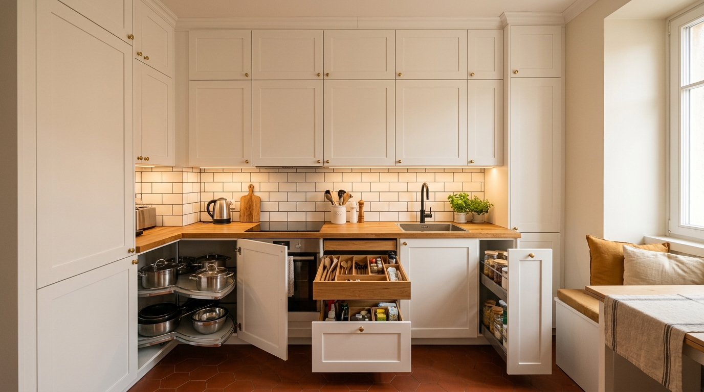 Кухня с открытыми ящиками: карусель в углу, выдвижные системы, шкафы до потолка