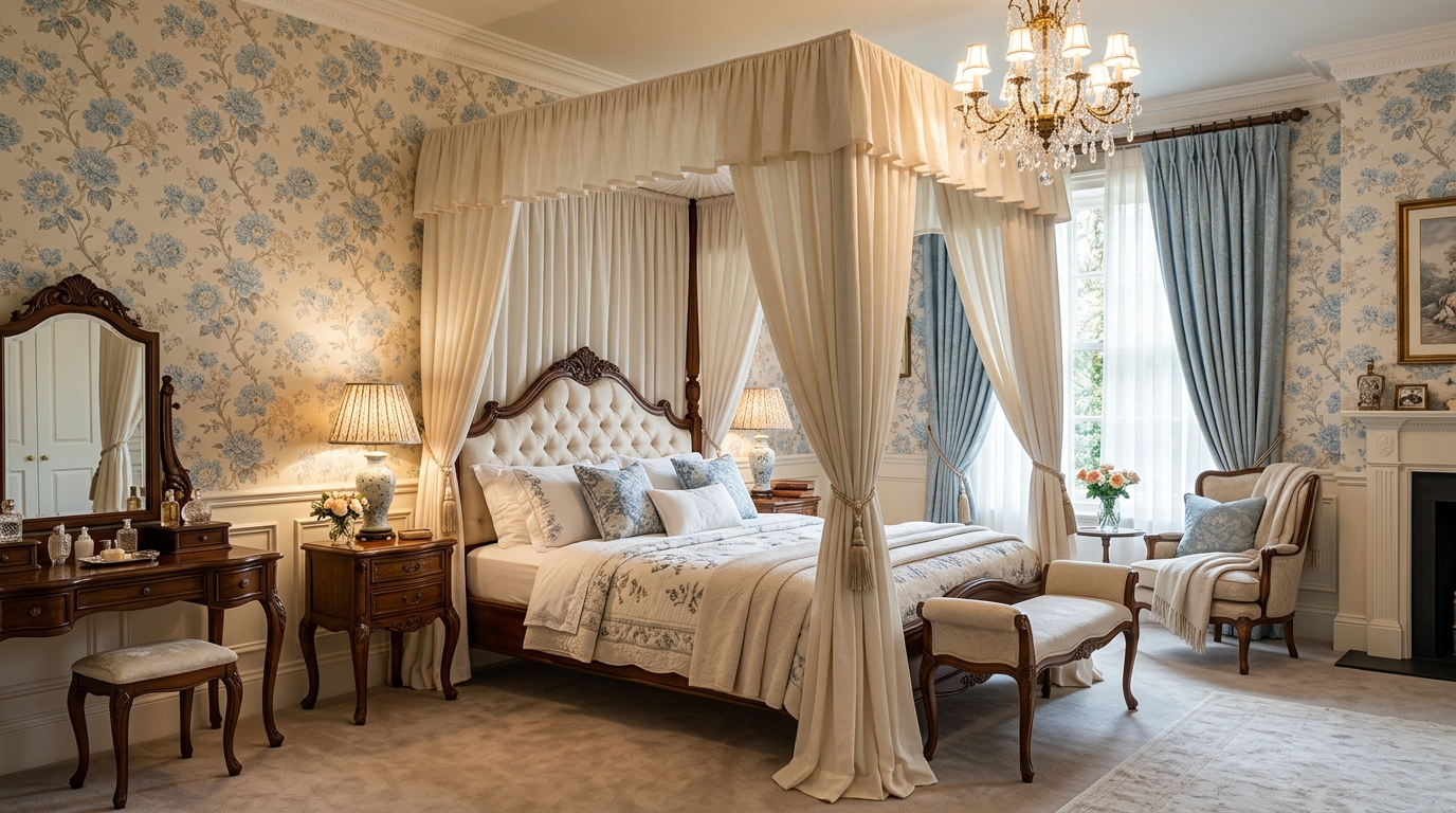 Классическая спальня с кроватью с балдахином, цветочными обоями и хрустальной люстрой