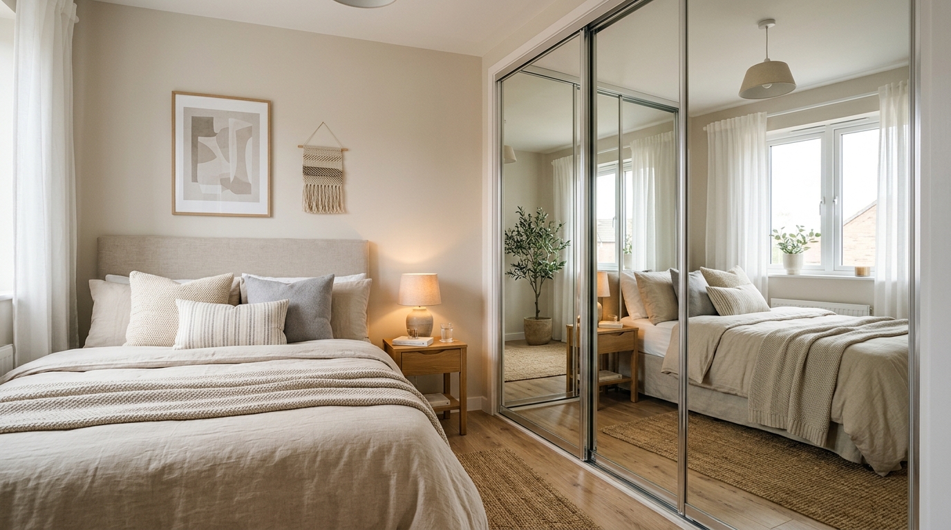 Спальня с зеркальными дверями шкафа-купе