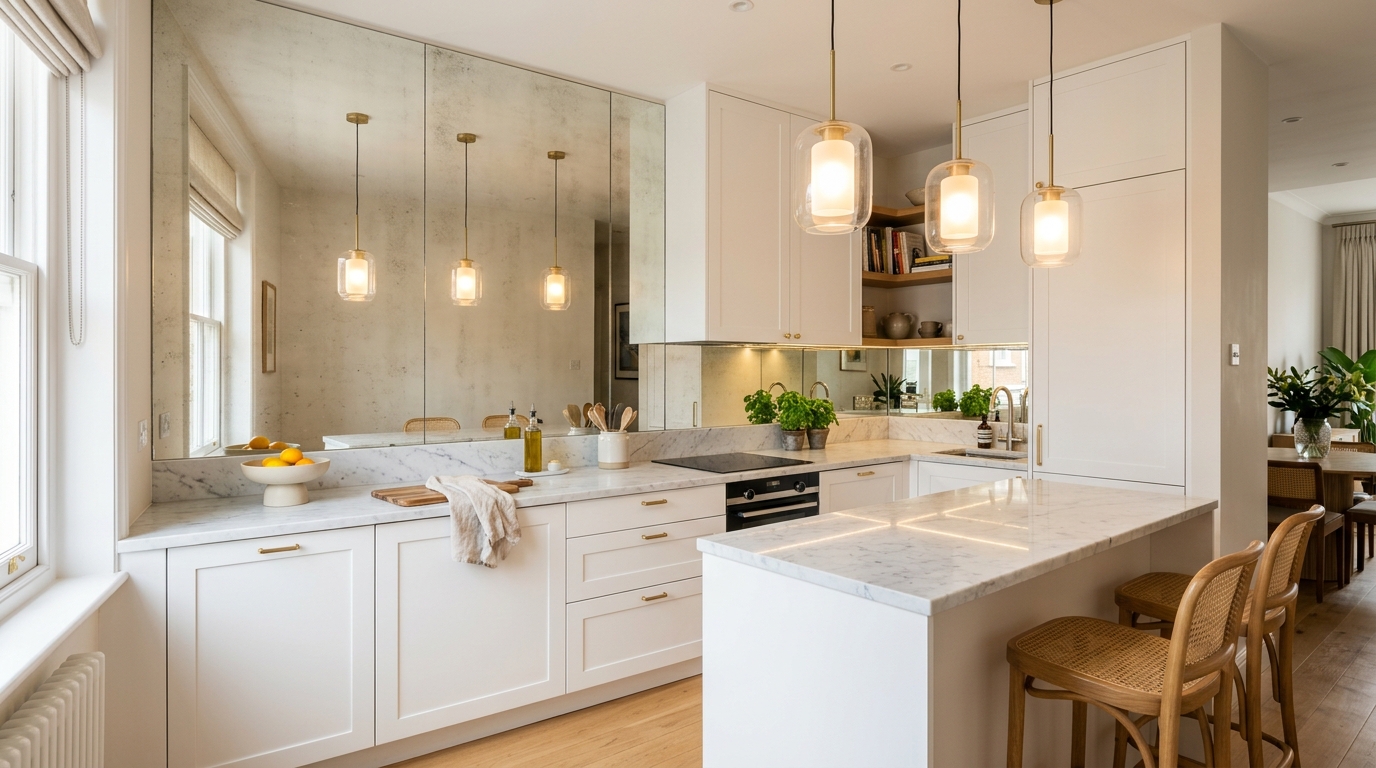 Кухня с зеркальным фартуком — визуальное расширение пространства