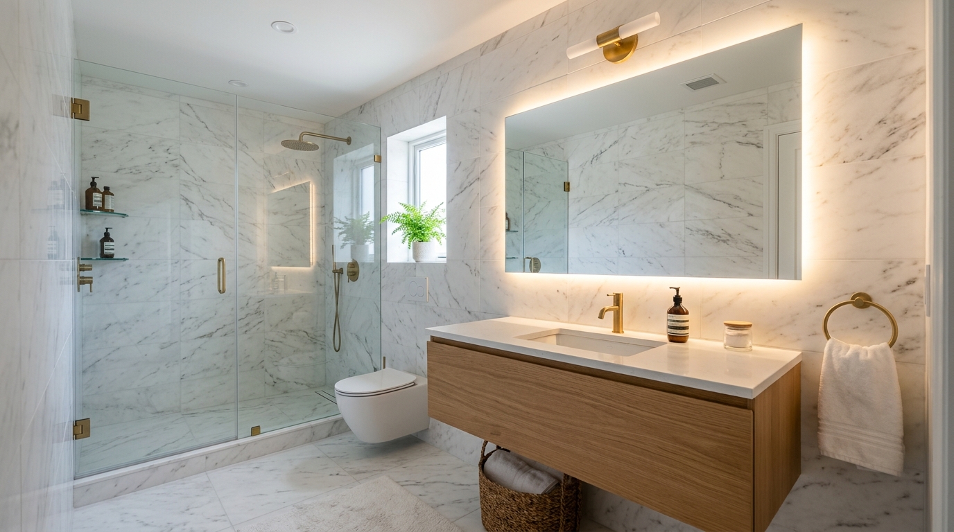 Ванная комната с большим зеркалом и LED-подсветкой