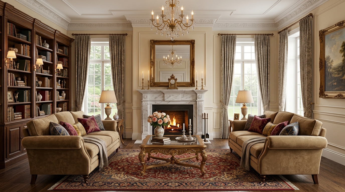 Классическая гостиная с симметричной расстановкой мебели, камином и персидским ковром
