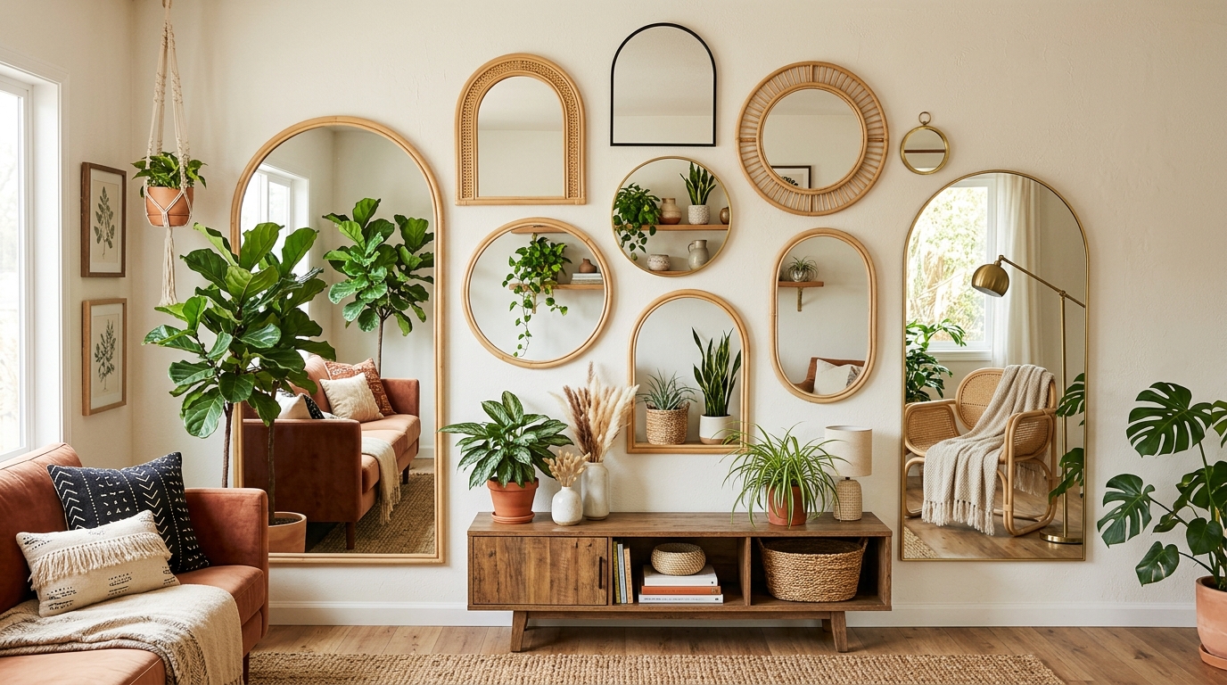 Композиция из декоративных зеркал на стене гостиной