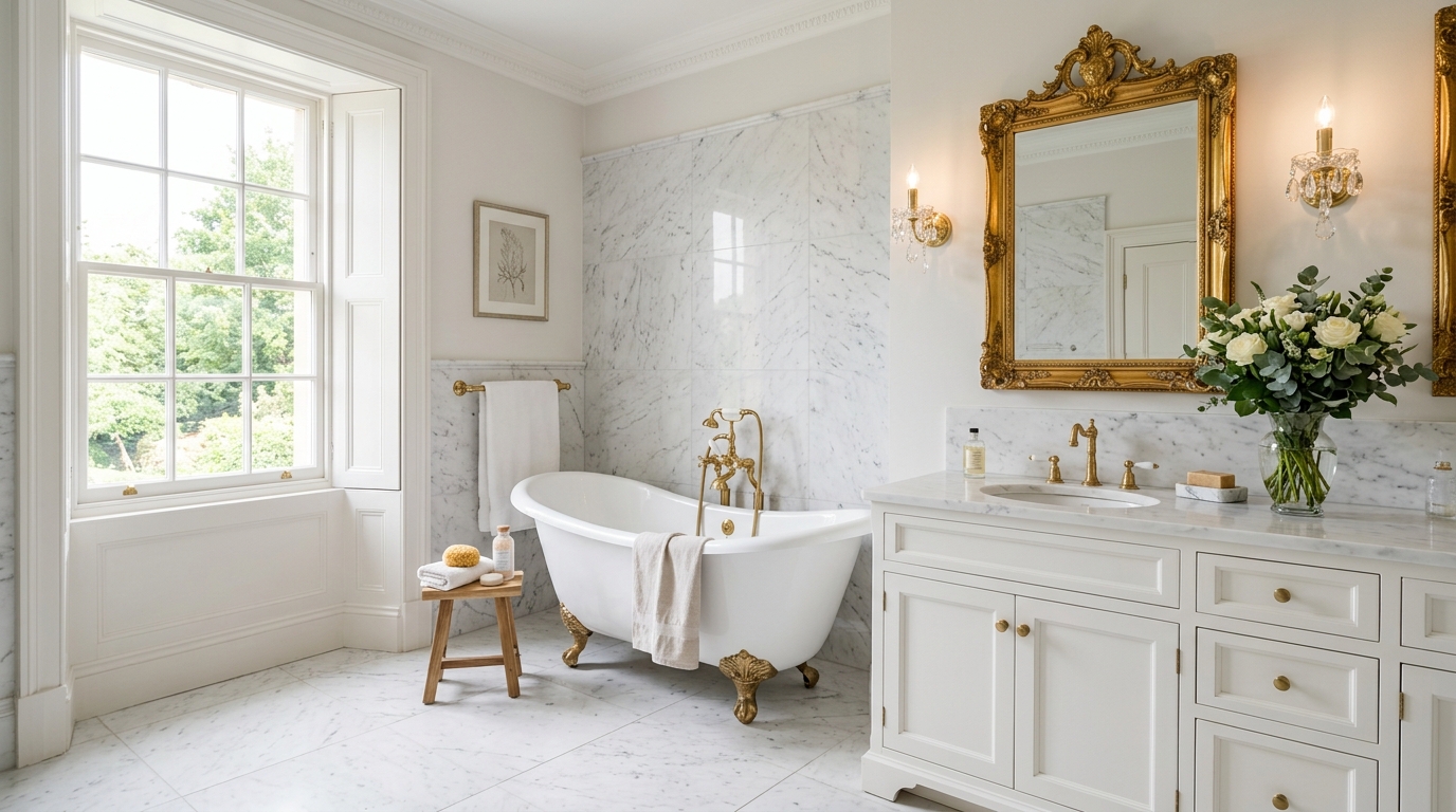 Классическая ванная с мраморной отделкой, отдельностоящей ванной и латунной фурнитурой
