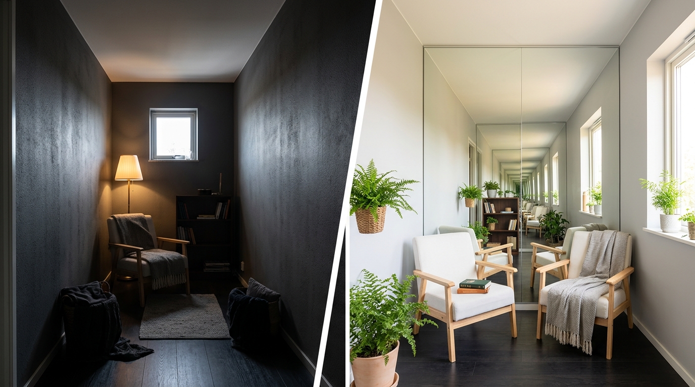 Визуальный эффект зеркала в комнате — до и после