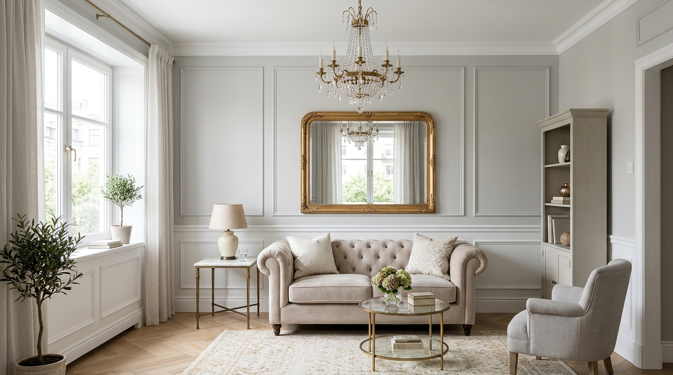 Неоклассический интерьер в компактной квартире — светлые тона, зеркала и лаконичный декор