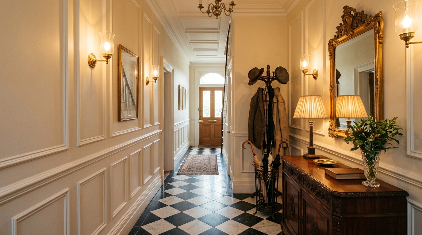 Классическая прихожая с шахматным полом, консольным столиком и зеркалом