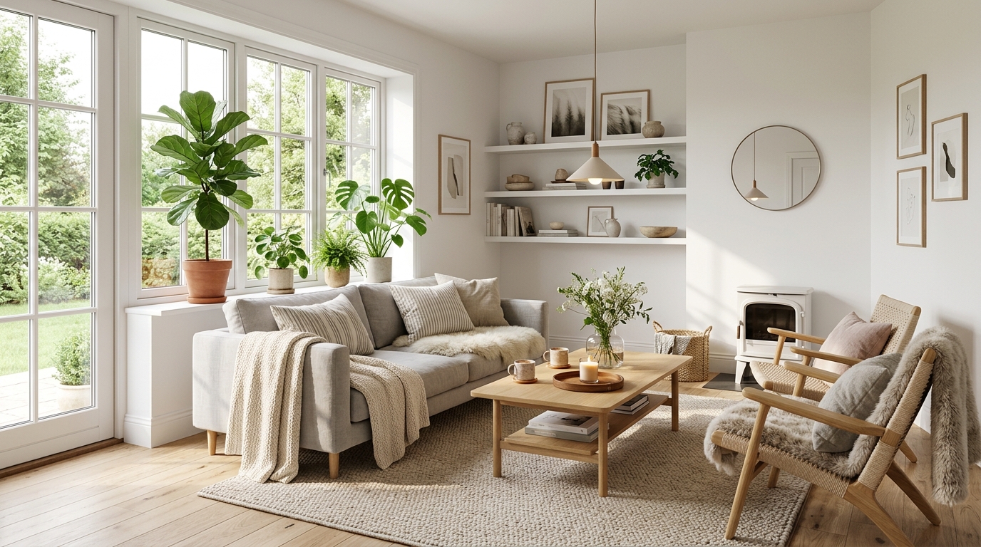 Скандинавский интерьер — светлое дерево, белые стены, уютный текстиль и живые растения