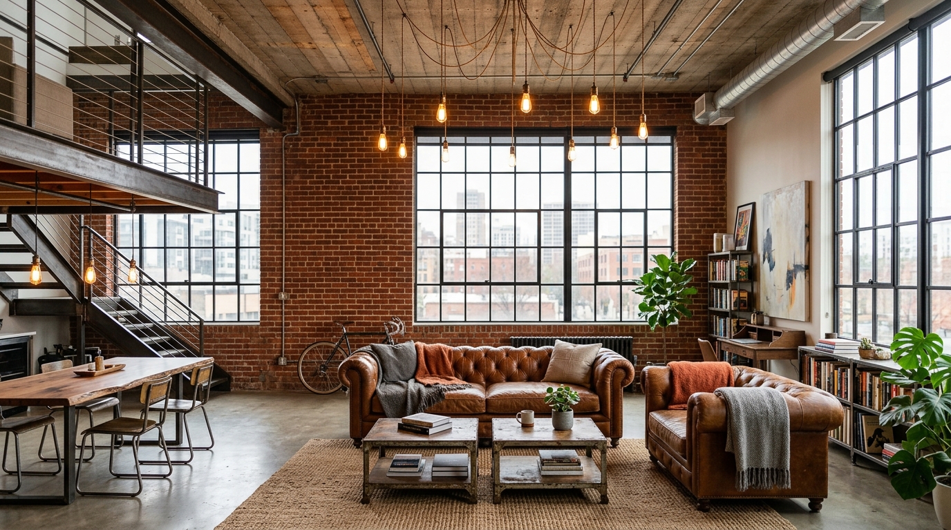 Лофт-интерьер — кирпичные стены, бетонный потолок, большие окна и кожаный диван
