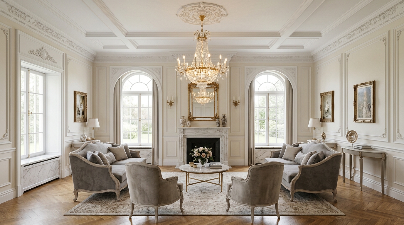 Неоклассический интерьер — молдинги, симметричная мебель, хрустальная люстра