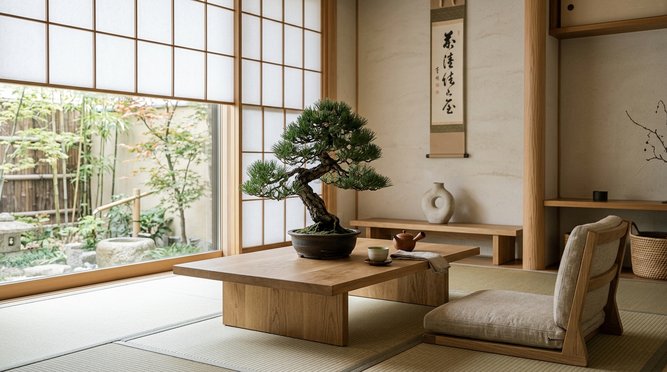 Джапанди-интерьер — низкая деревянная мебель, бонсай, приглушённые натуральные тона