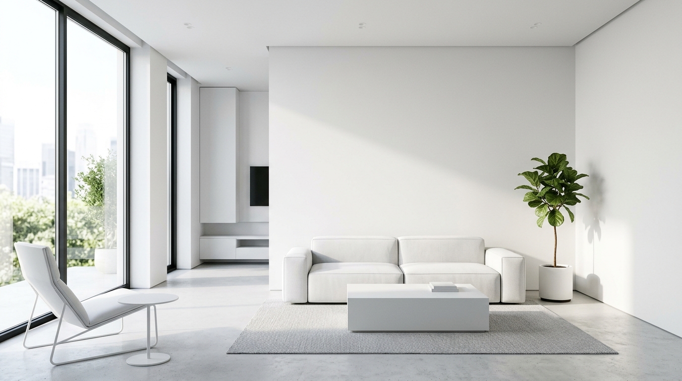 Минималистичный белый интерьер с чистыми линиями и акцентным растением