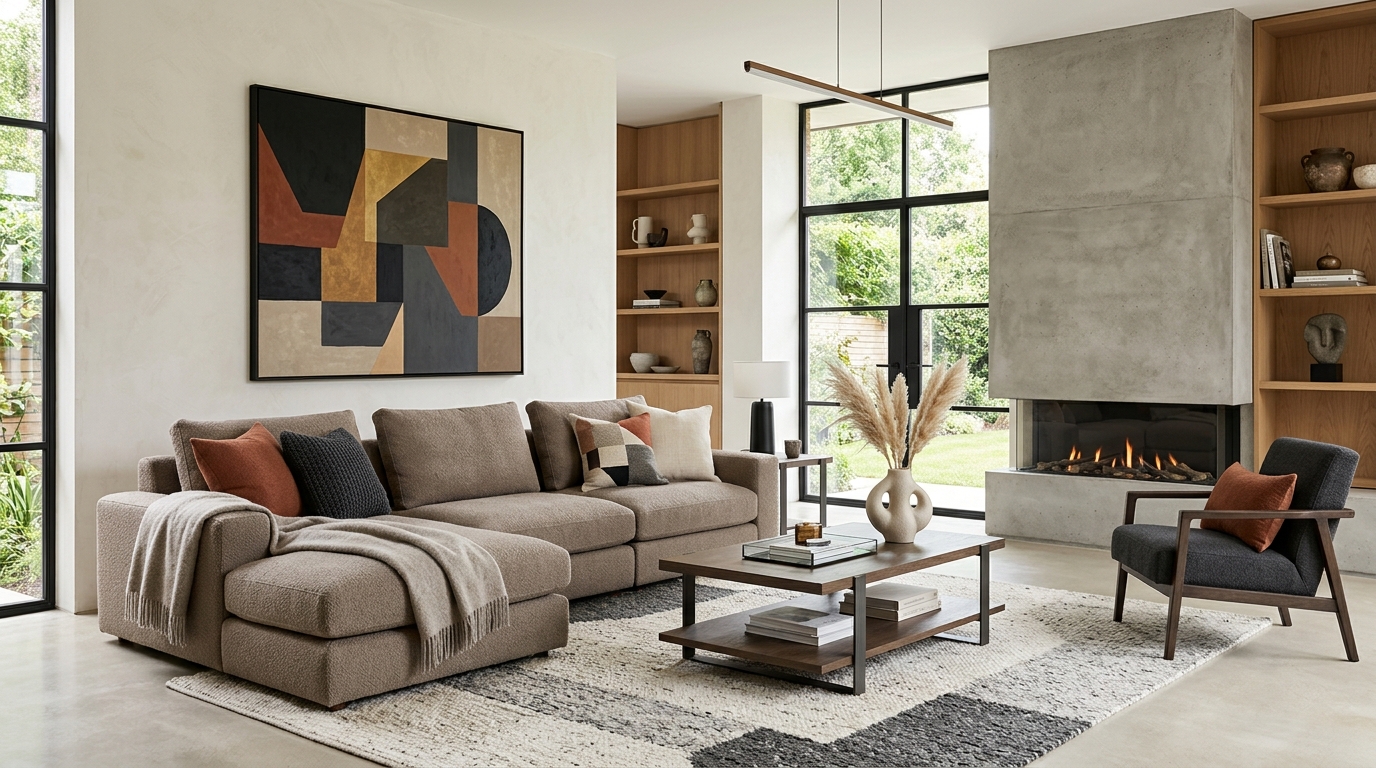 Контемпорари интерьер — нейтральные тона, модульный диван, абстрактное искусство