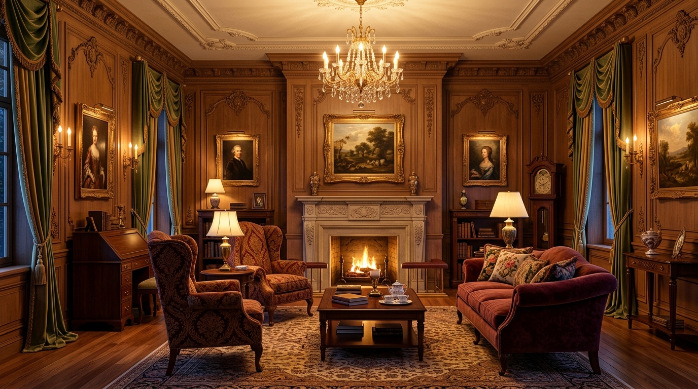 Классический интерьер — массивная деревянная мебель, золотые акценты, тёплое освещение