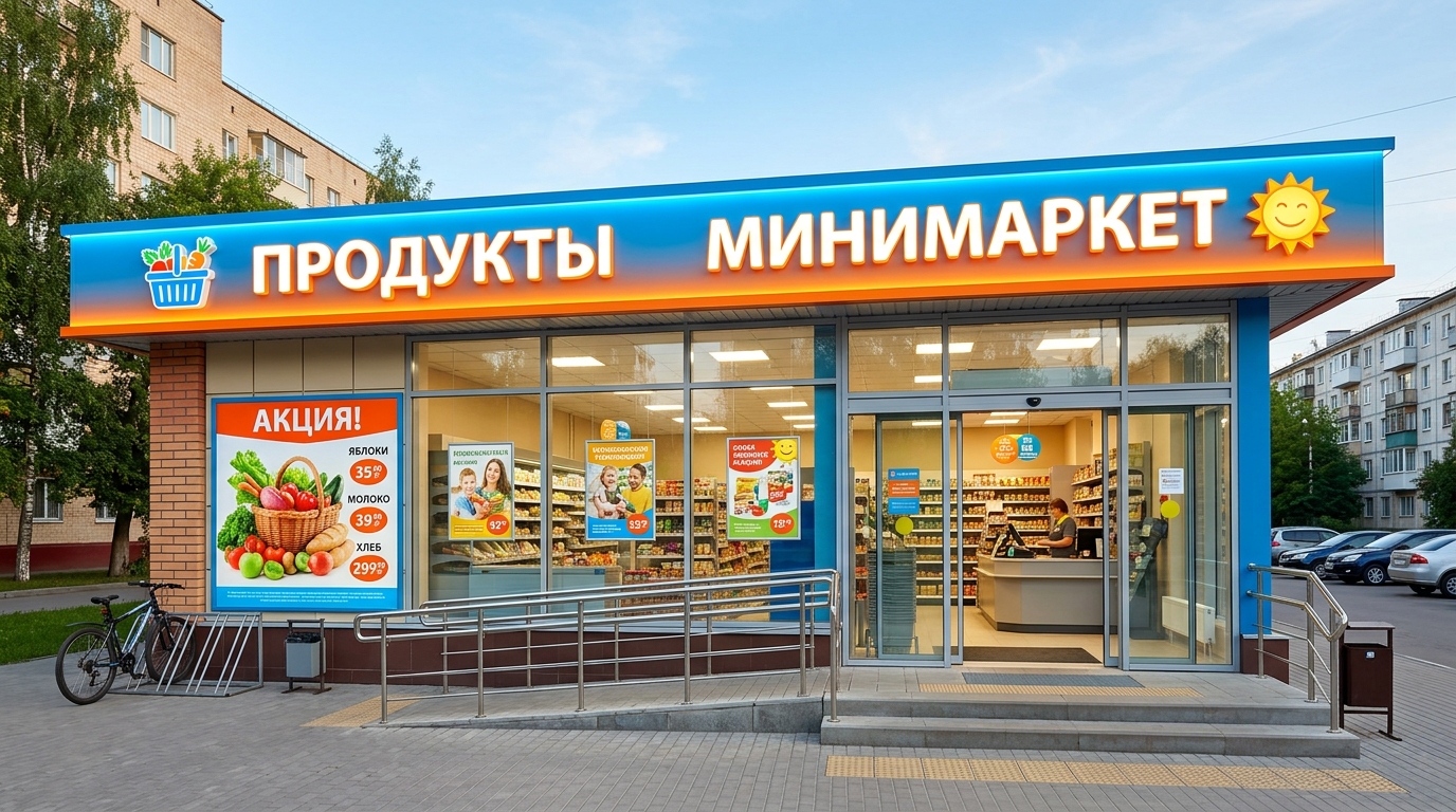 Фасад продуктового минимаркета с яркой вывеской и акционной витриной