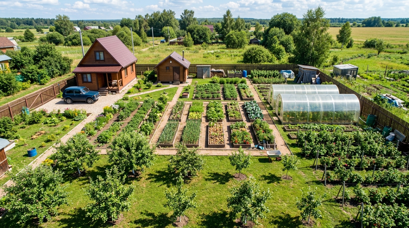 Планировка 10 соток для огородника: большой огород, теплица, ягодные кусты и плодовые деревья