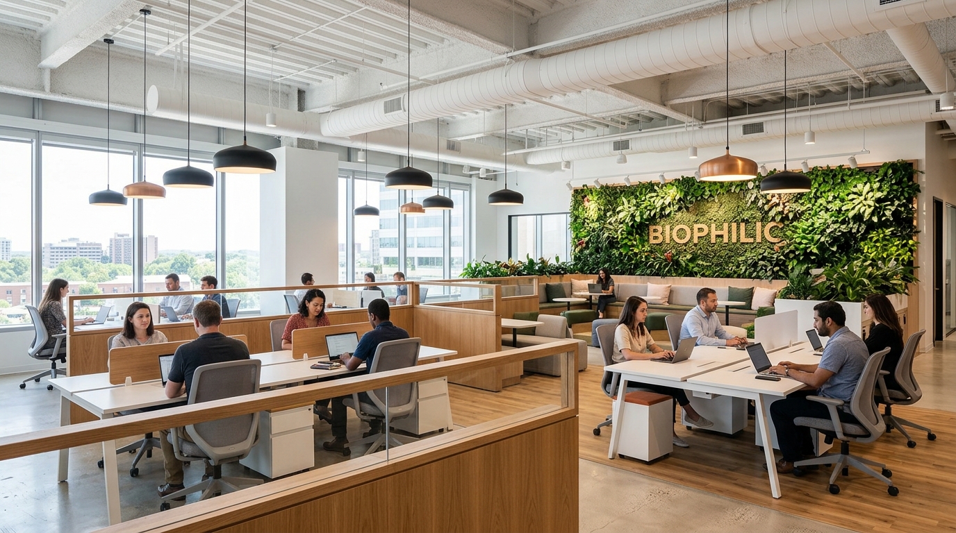 Тот же офис после — светлый open space с низкими перегородками и зеленью