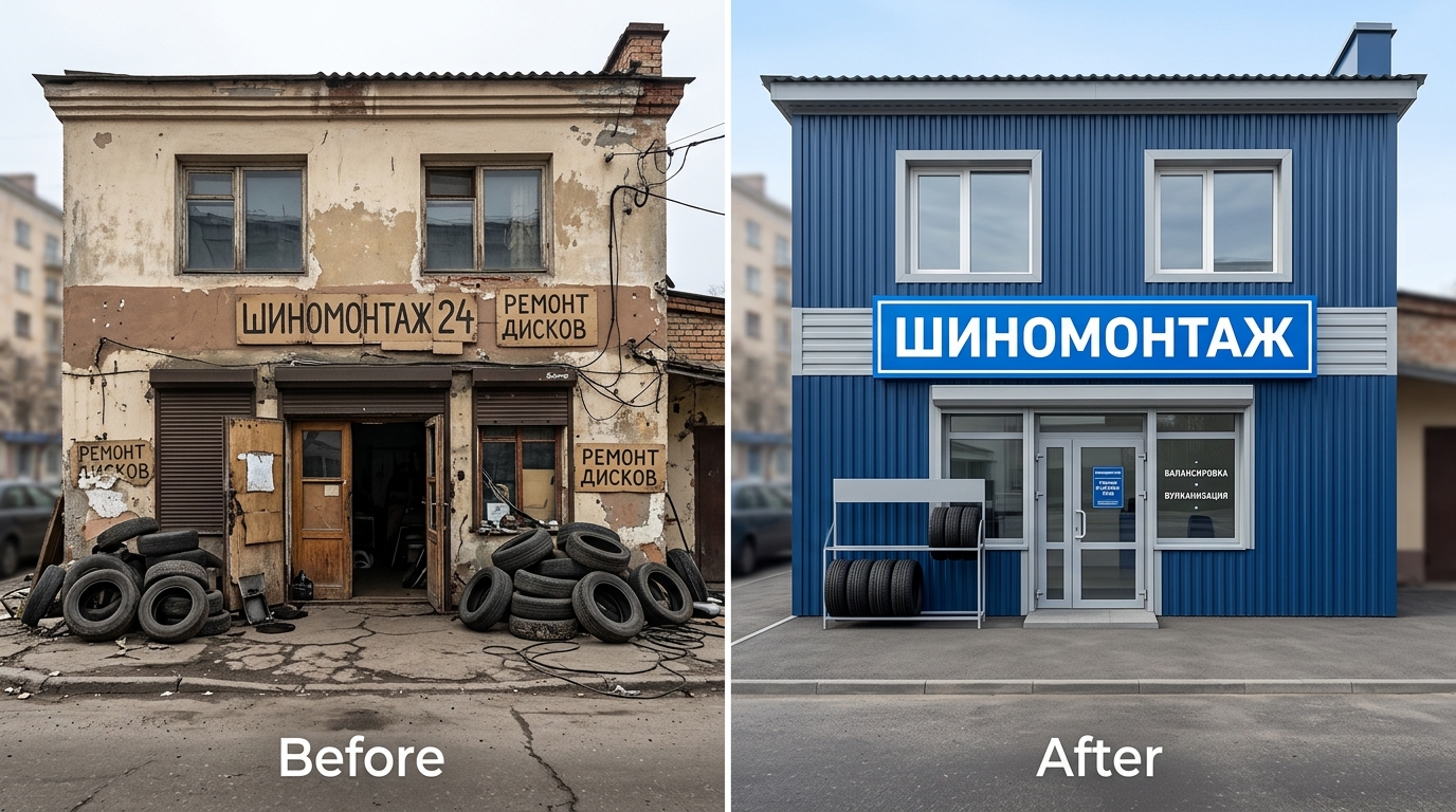До и после: старый шиномонтаж с грудой шин превращается в аккуратный синий фасад с вывеской ШИНОМОНТАЖ