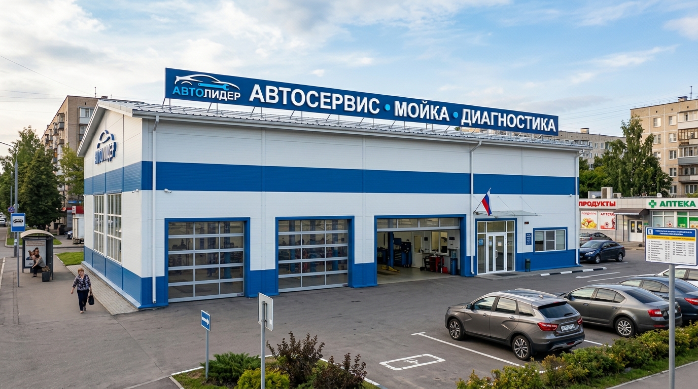 Фасад автосервиса из белых и синих сэндвич-панелей со стеклянными секционными воротами