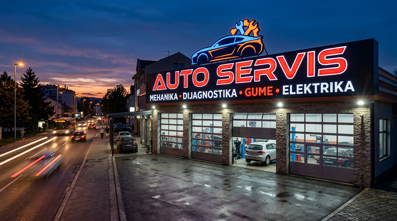 Пример подсвеченной вывески автосервиса с крупным читаемым названием в вечернее время