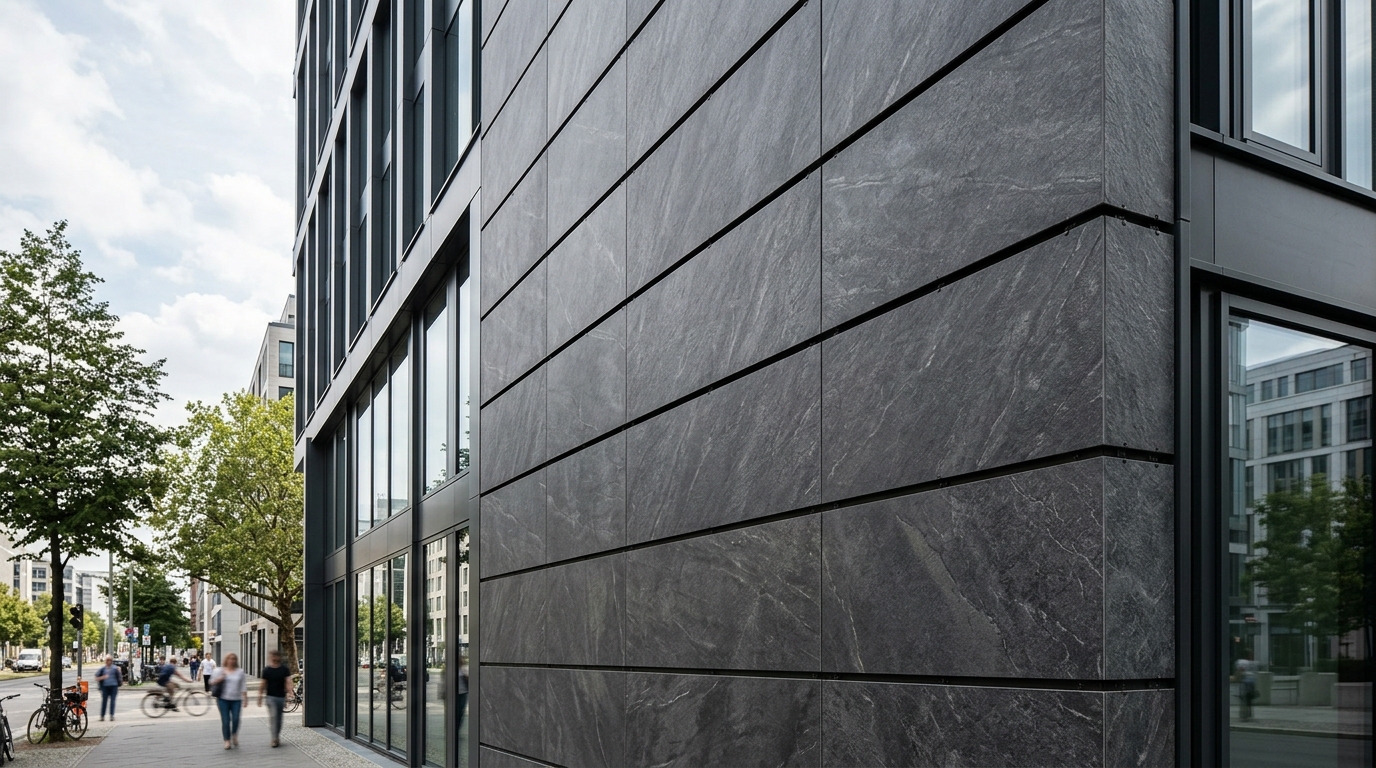 Фасад торгового центра, облицованный крупноформатным керамогранитом