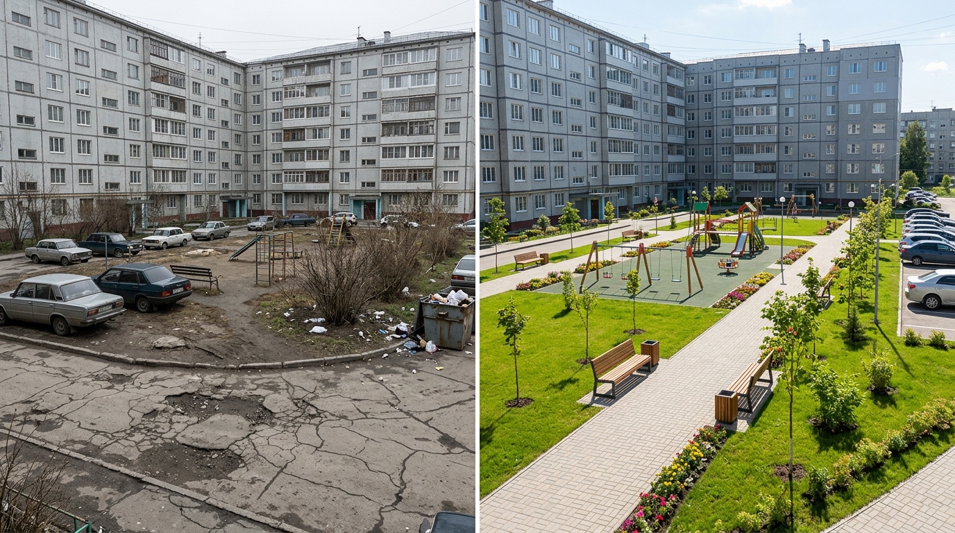 Двор многоквартирного дома до и после благоустройства
