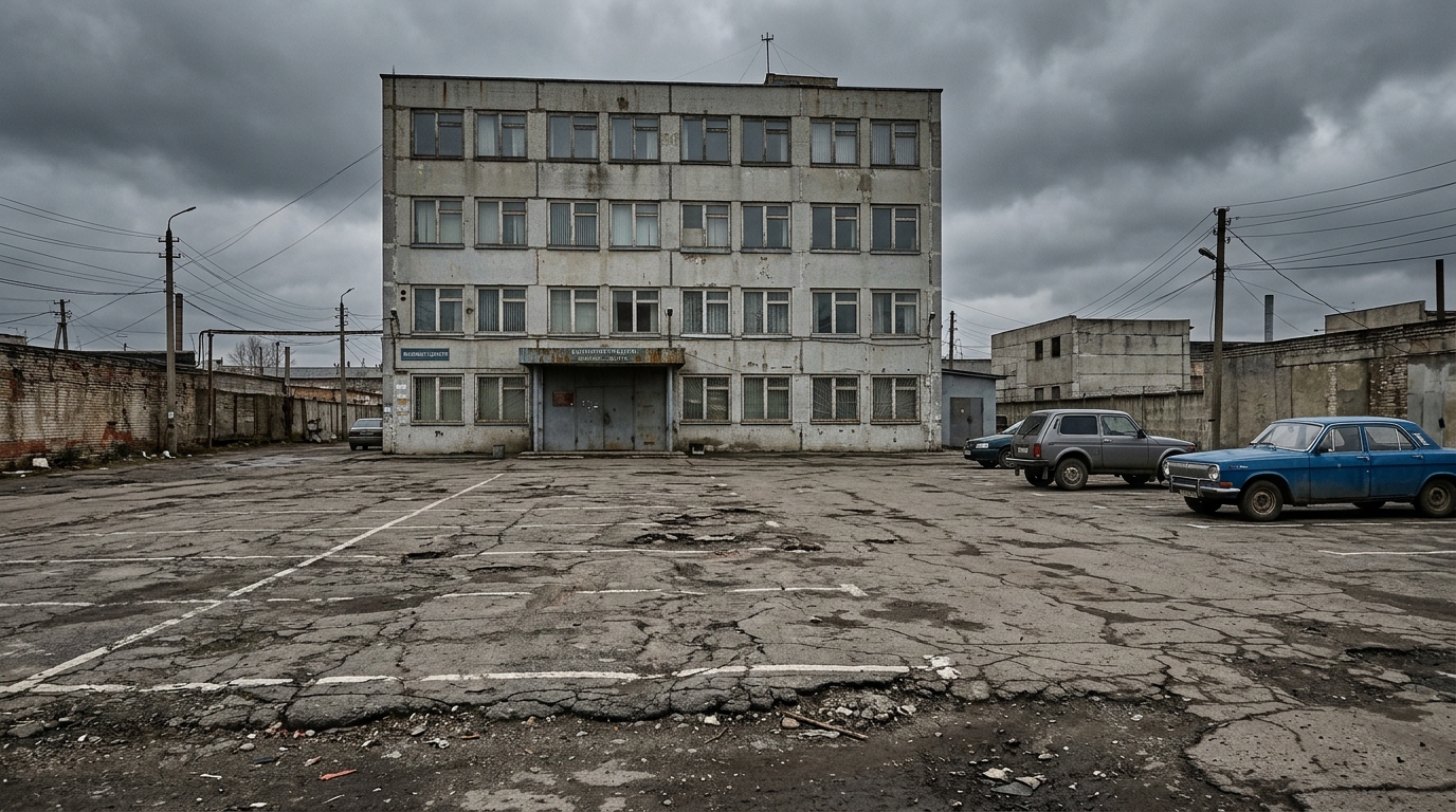 Хаотичная парковка офиса до благоустройства — голый асфальт без разметки и озеленения