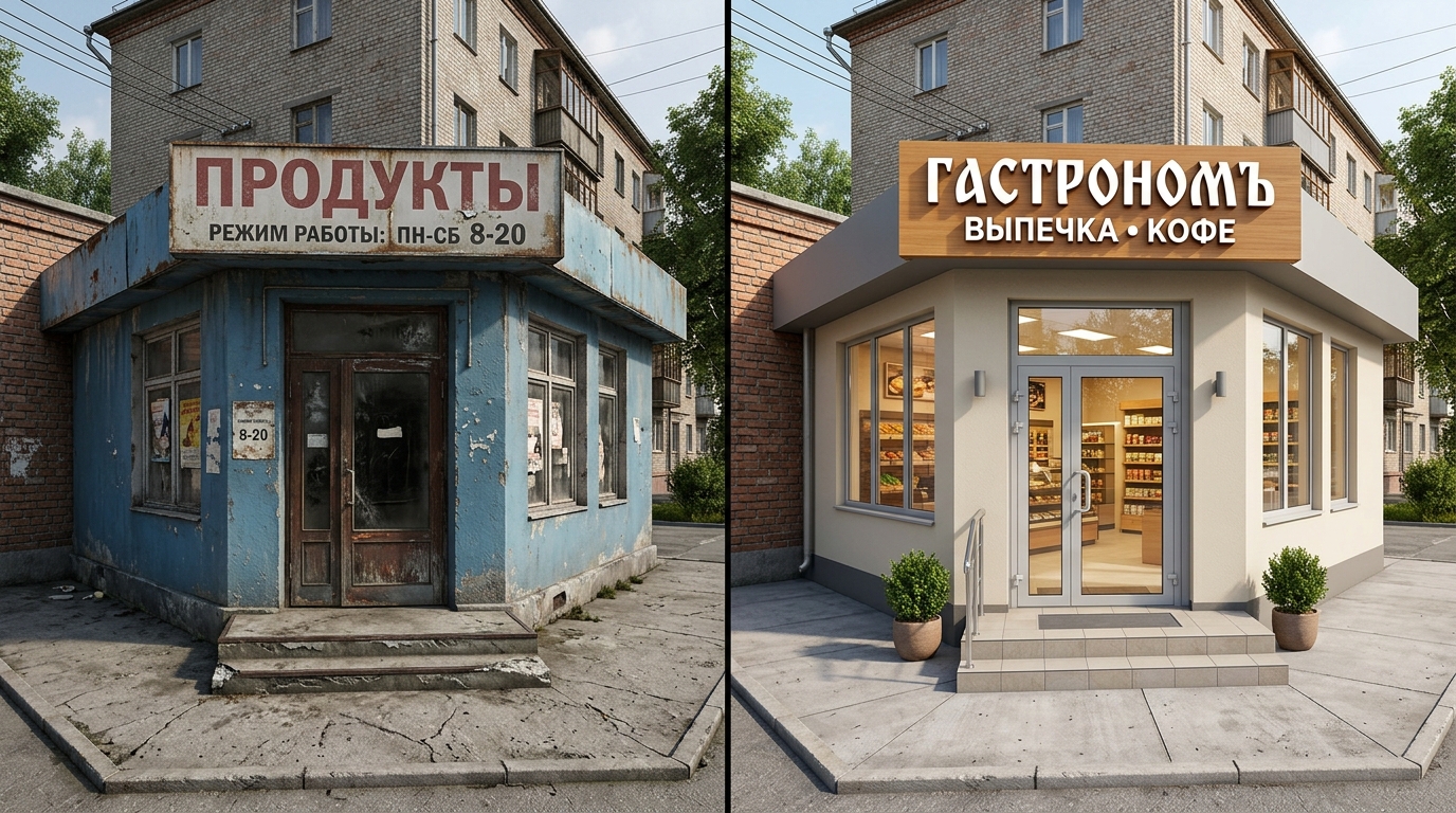 До и после: угловой продуктовый магазин, старый вход превращается в современную входную группу