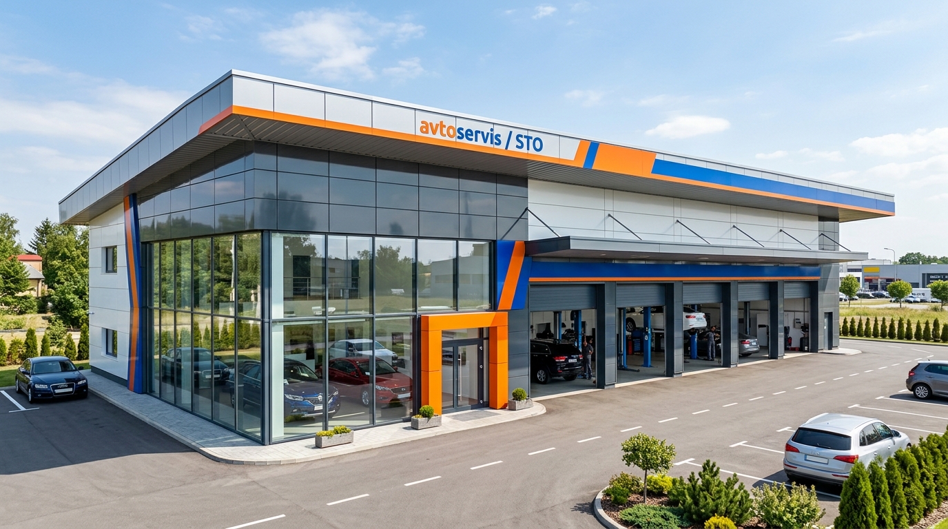 Фасад автосервиса с композитными панелями и остеклёнными боксами