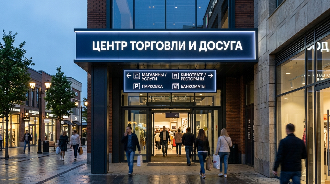 Подсвеченная вывеска магазина и навигация над входом
