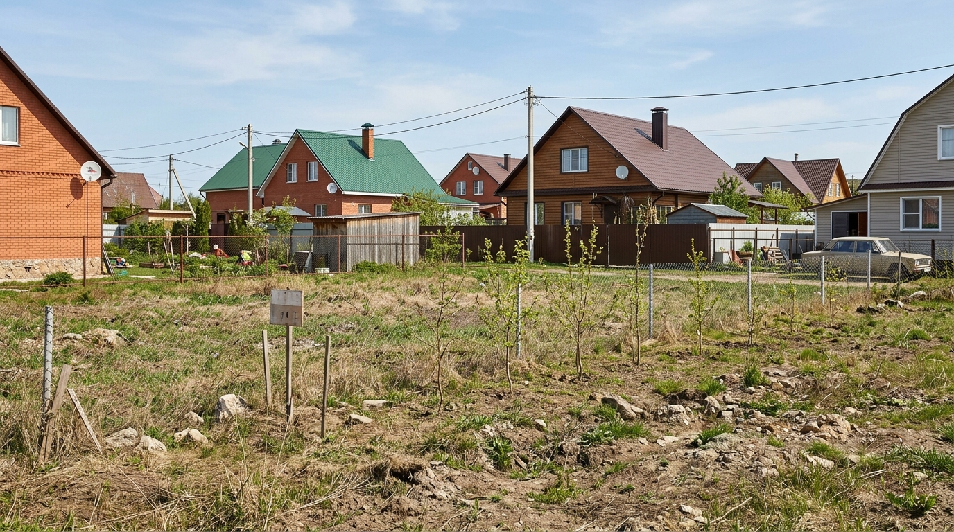 Открытый участок без изгороди: соседские дома и дорога видны насквозь