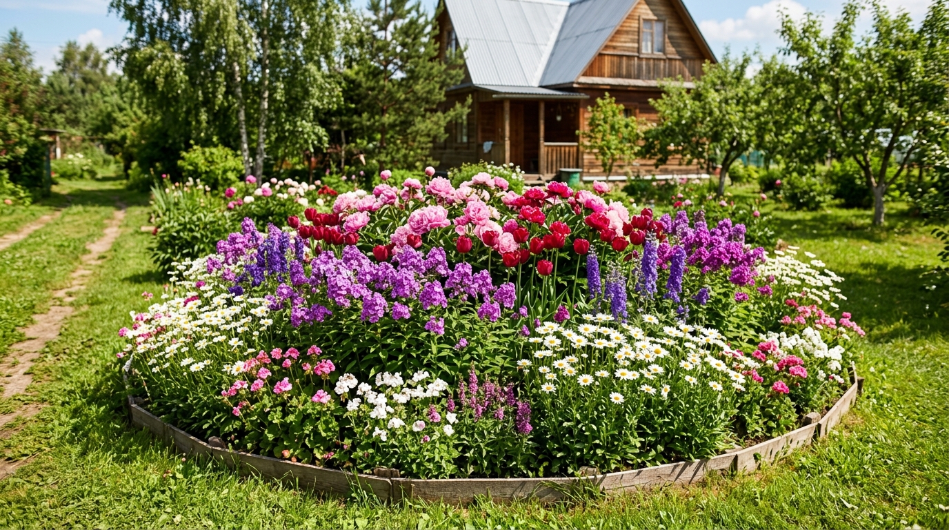 Круглая солнечная клумба с пионами, тюльпанами, флоксами и ромашками
