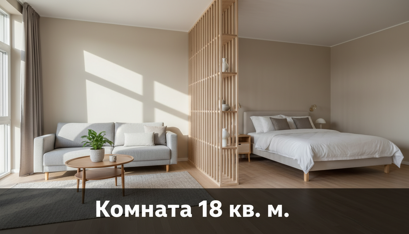 Комната 18 кв. м — зонирование гостиной и спальни с реечной перегородкой