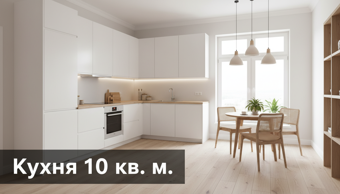 Современная кухня 10 кв. м с Г-образным гарнитуром и обеденной зоной